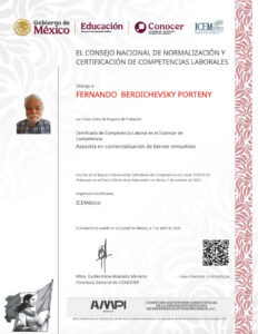 Formal certificate from the Mexican government awarding Fernando Berdichevsky Porteny with recipient photo on the left official logos at the top a decorative border on the right a QR code at the bottom right and the ICEMéxico seal