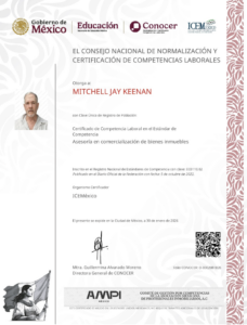 Certificado Conocer Asesoria Comercializacion de bienes inmuebles Mitch Keenan