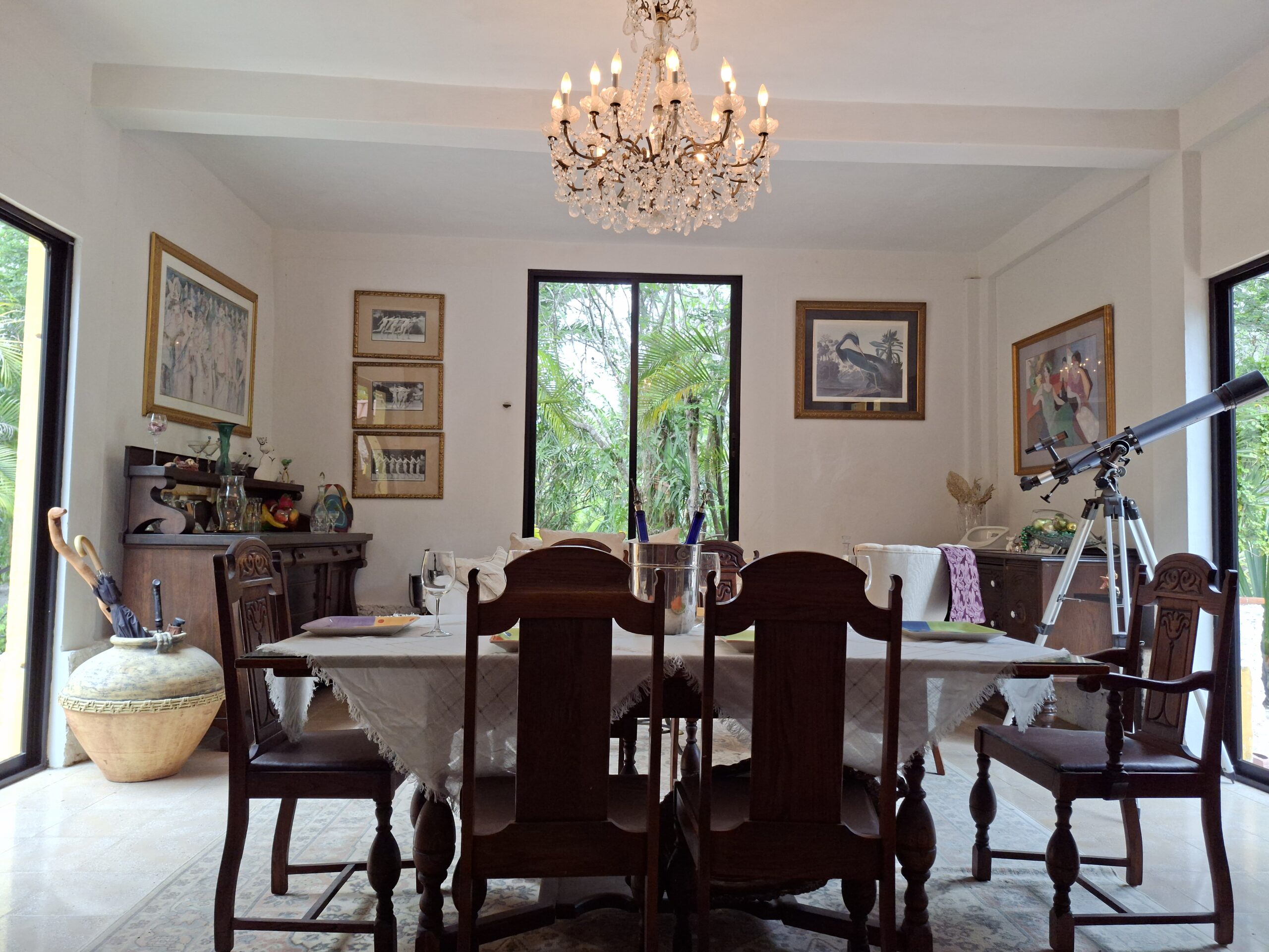 Elegant dining room with a dark wood table and chairs, crystal chandelier, and a telescope by the window overlooking greenery.
