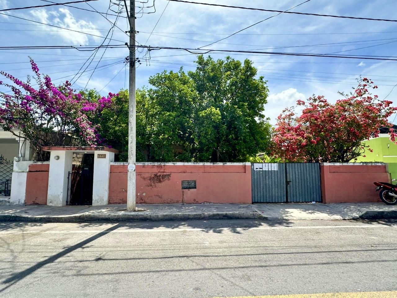 A pink wall with a metal gate along a sunny street framed by vibrant bougainvillea and lush green trees behind it and a utility pole with wires above