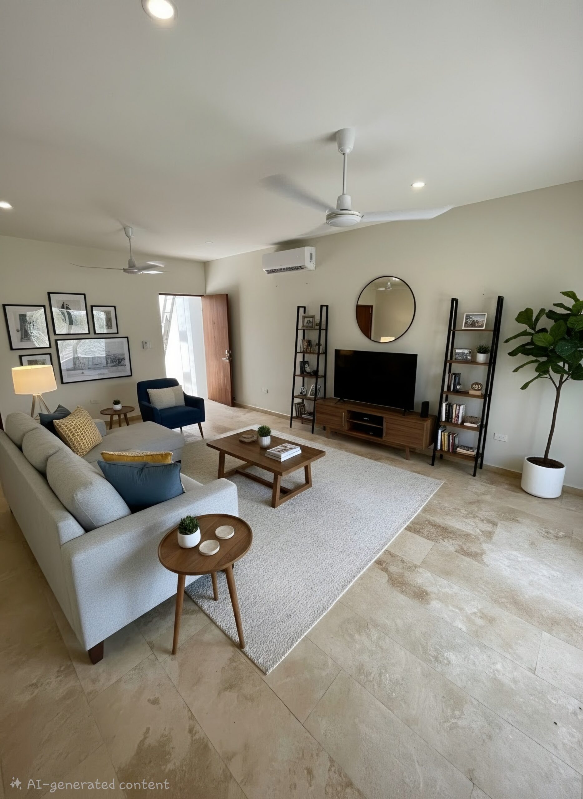 Living room with gray sectional blue accent chair wooden coffee table and TV on a console