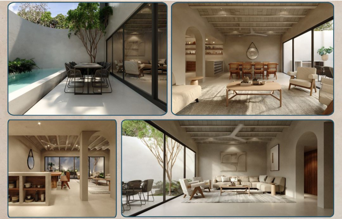 Outdoor courtyard with a slim pool, white walls, and a black metal dining table set beneath a tree.